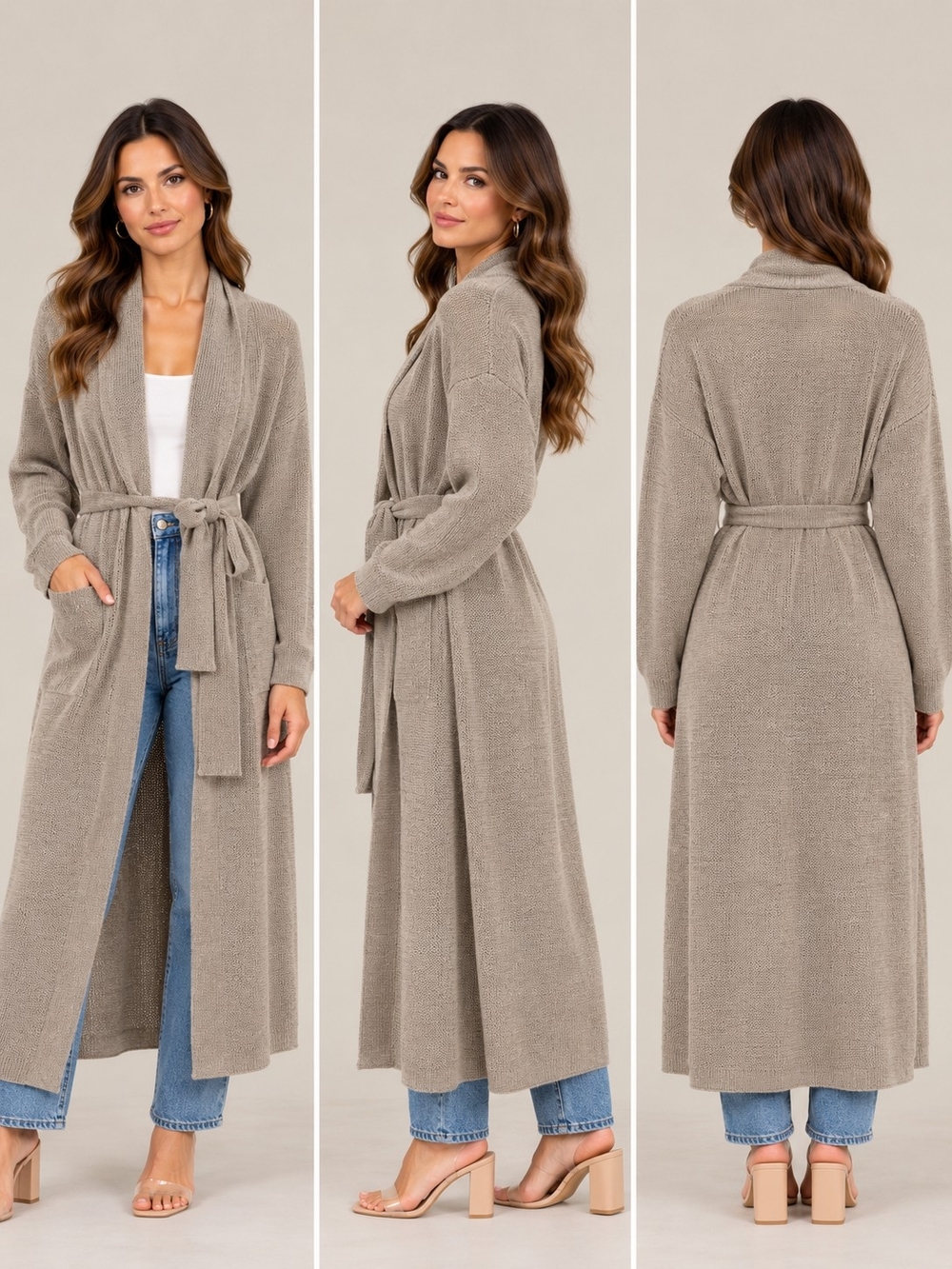 Long Belted Open-Front Taupe Cardigan Sweater - Women